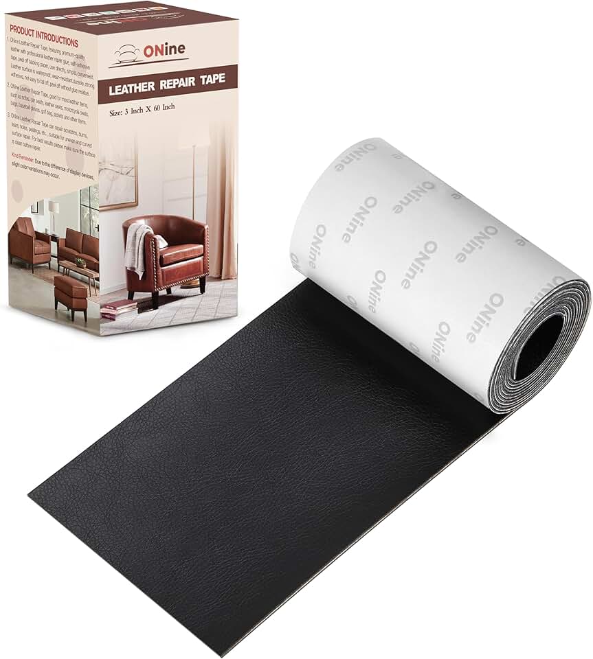 ONine Leather Repair Tape,Self Adhesive Leather Repair Patch,Leather Patches for Furniture,Sofa,Car Seats,Office Chair. Vinyl Repair Kit 3x60in (Black)
