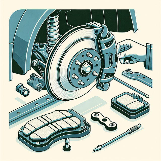 close-up of electric car brake pads and discs inspection