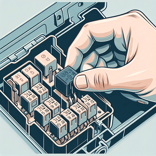 hand removing a relay from a car's fuse box