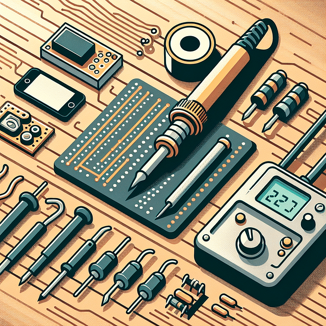 a collection of soldering tools and materials on a workbench