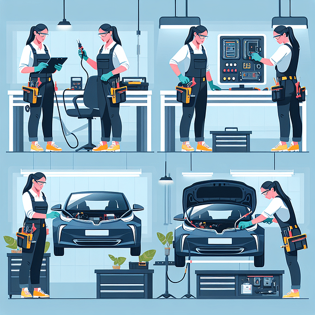 mechanic repairing or replacing faulty electric car components