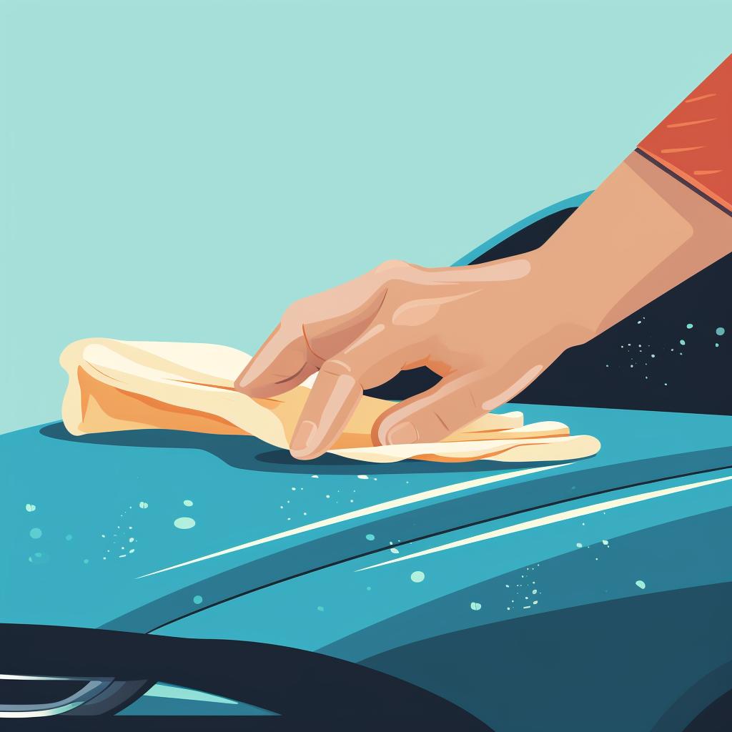 A hand buffing a car scratch with a toothpaste-laden cloth.