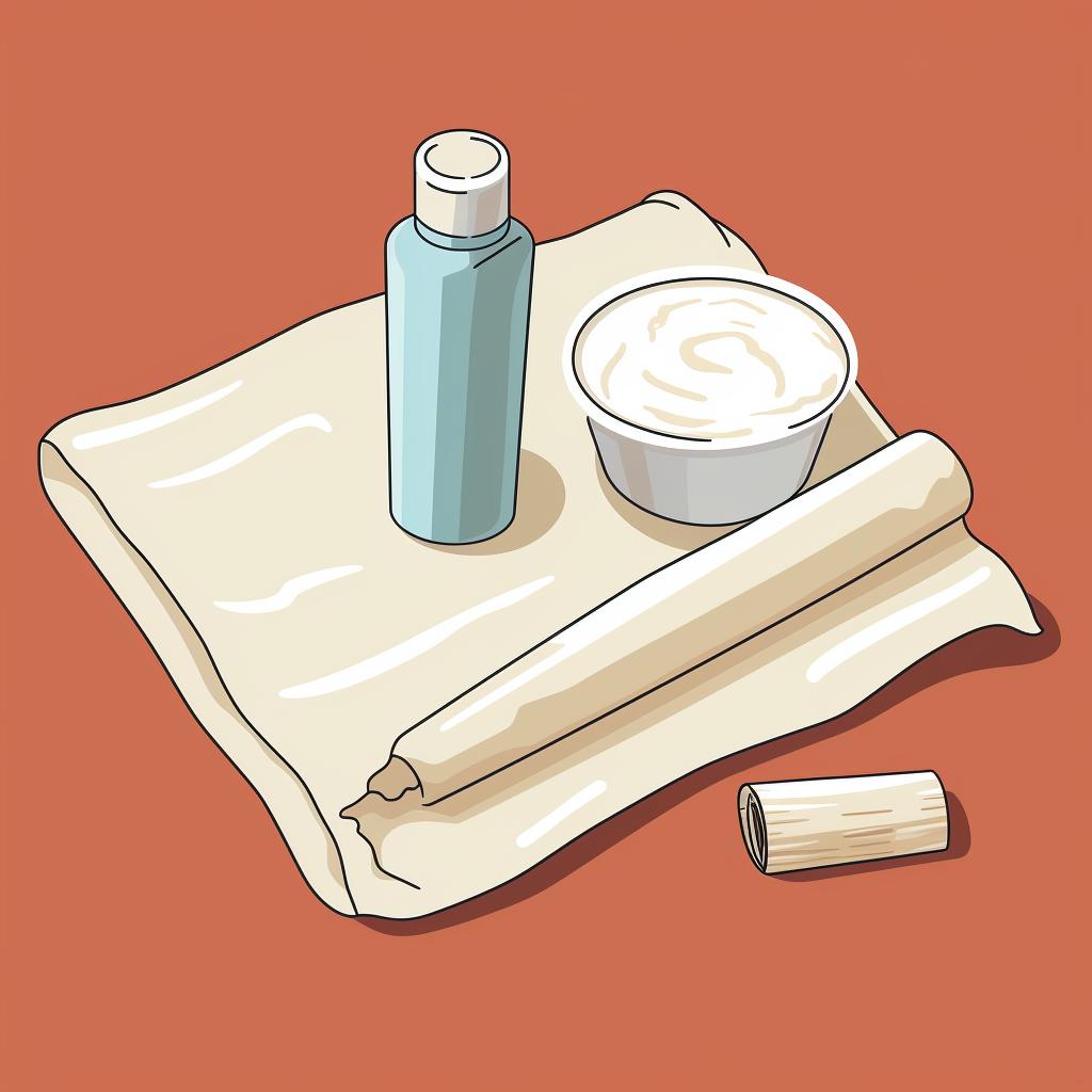 A tube of toothpaste, a soft cloth, and a damp cloth laid out on a table.