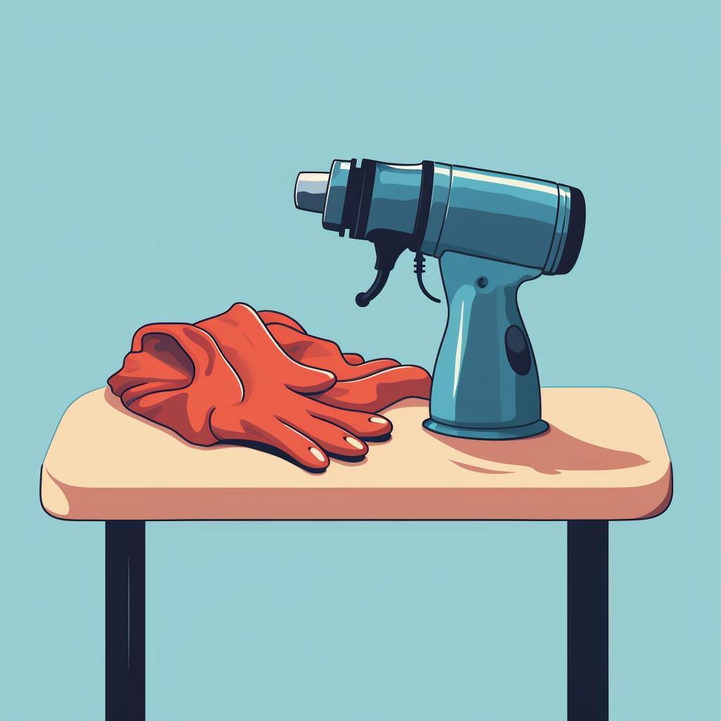 A hairdryer, a can of compressed air, gloves, and a soft cloth arranged on a table.