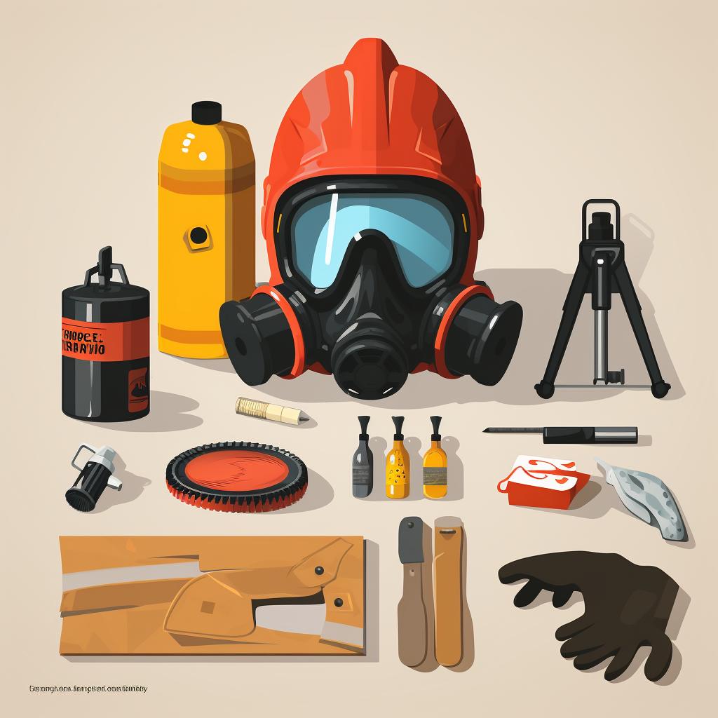 A set of rust removal tools and safety gear laid out on a table.