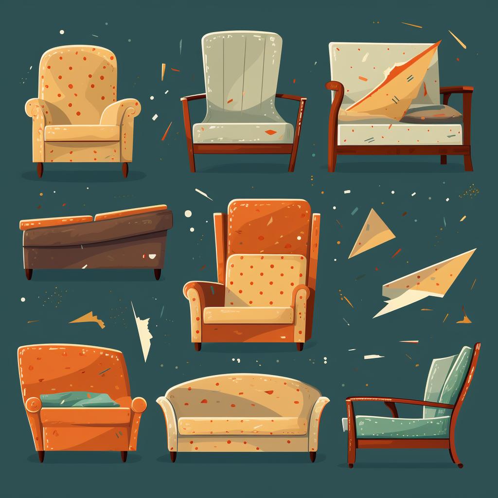 Close-up image of various types of upholstery damage.