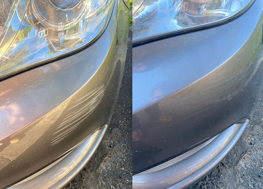 Before and after image of a car scratch treated with DIY methods
