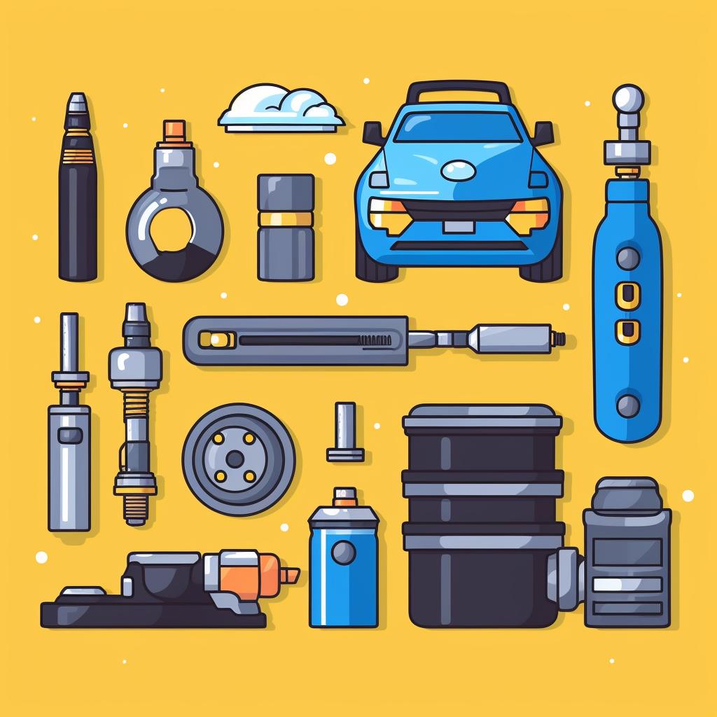 A set of car oil change tools and materials