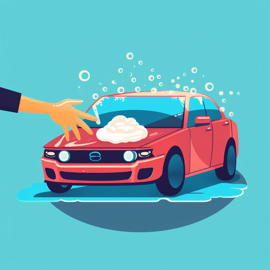 Hands cleaning a car surface with a soapy sponge